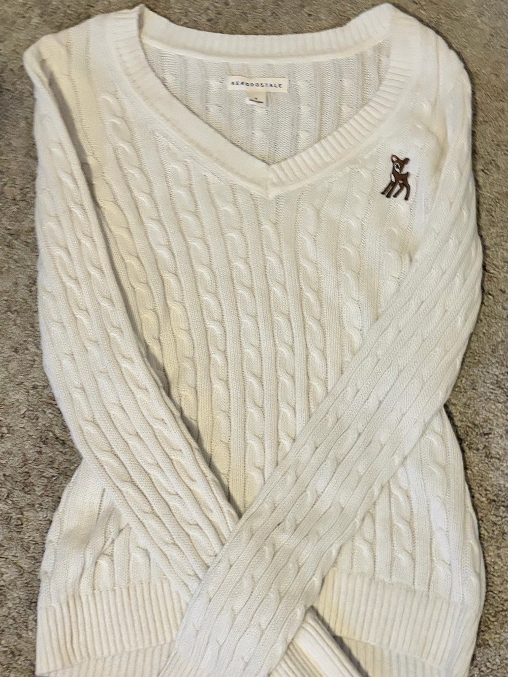 Aeropostale Cream Deer Cable Knit V-Neck Sweater Top